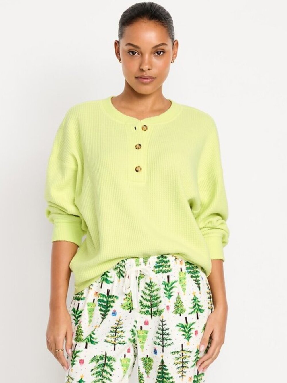 OLD NAVY Women's Oversized Cozy Waffle Henley Top Size M in Yellowlime
